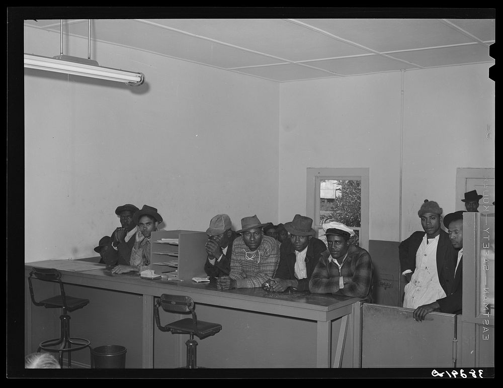 [Untitled photo, possibly related to: Men applying for work at the office of the Texas State Employment Service, Corpus…