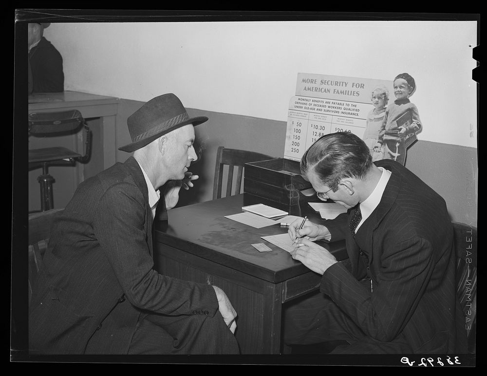 Applicant for employment being interviewed at the Texas State Employment Service office. Corpus Christi, Texas by Russell Lee