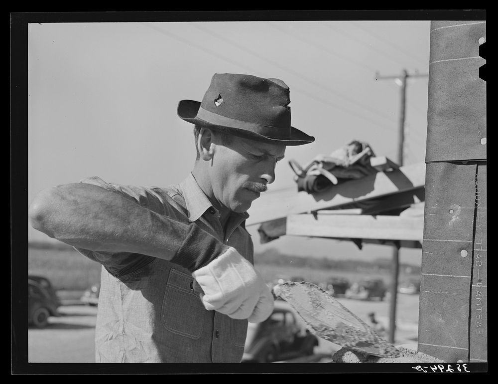 White bricklayer, Corpus Christi, Texas. He is working on a U.S.H.A. project which is constructing two hundred forty-nine…