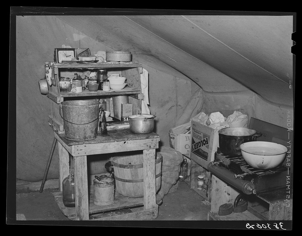 Interior of tent home of roofer and his family. Corpus Christi, Texas by Russell Lee