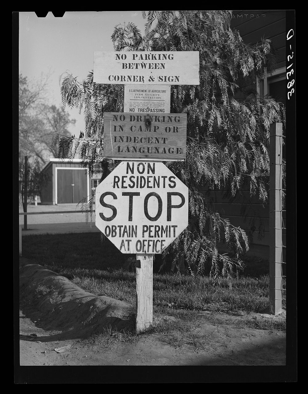 Sign at entrance to the Yuba City FSA (Farm Security Administration) farm workers' camp. Yuba City, California by Russell Lee