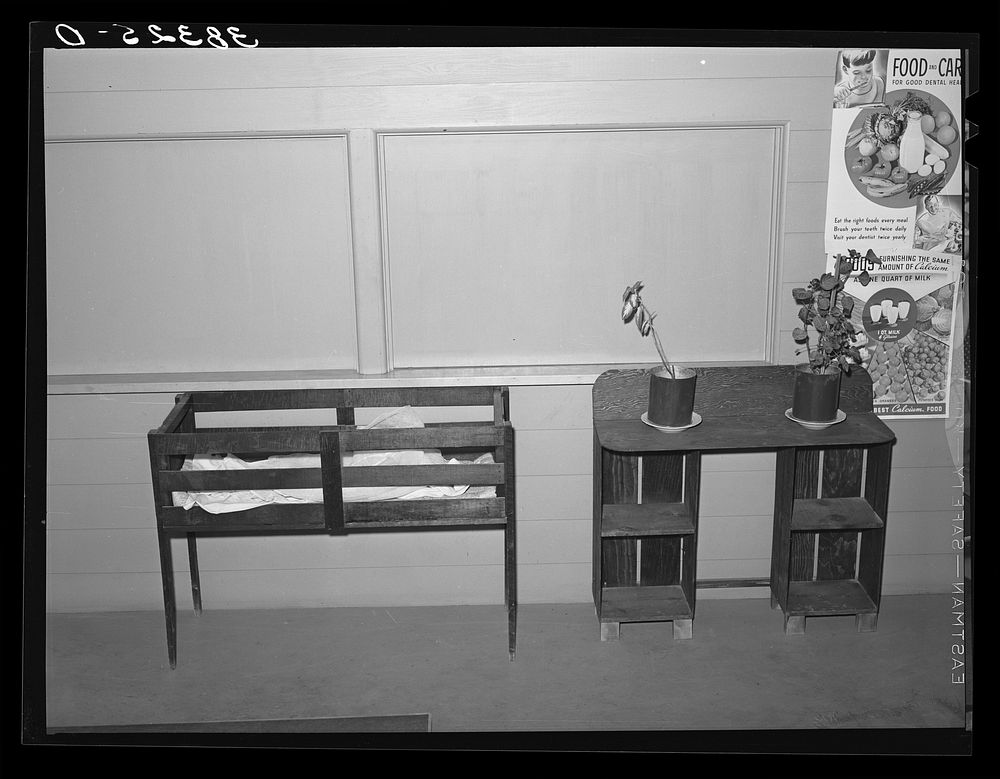 Furniture made of vegetable crates and scrap lumber. Community building of the Yuba City FSA (Farm Security Administration)…
