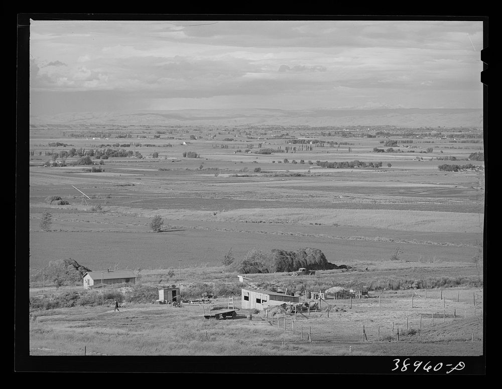Looking across the farmlands of the Owyhee River Valley, part of the Vale-Owyhee irrigation project. Malheur County, Oregon…