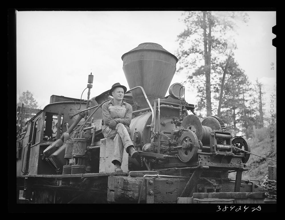 Logging locomotive and operator. Baker County, Oregon by Russell Lee