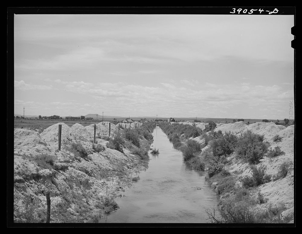 Irrigation lateral ditch to provide water for farms on the Vale-Owyhee irrigation project. Notice that the piles of dirt on…