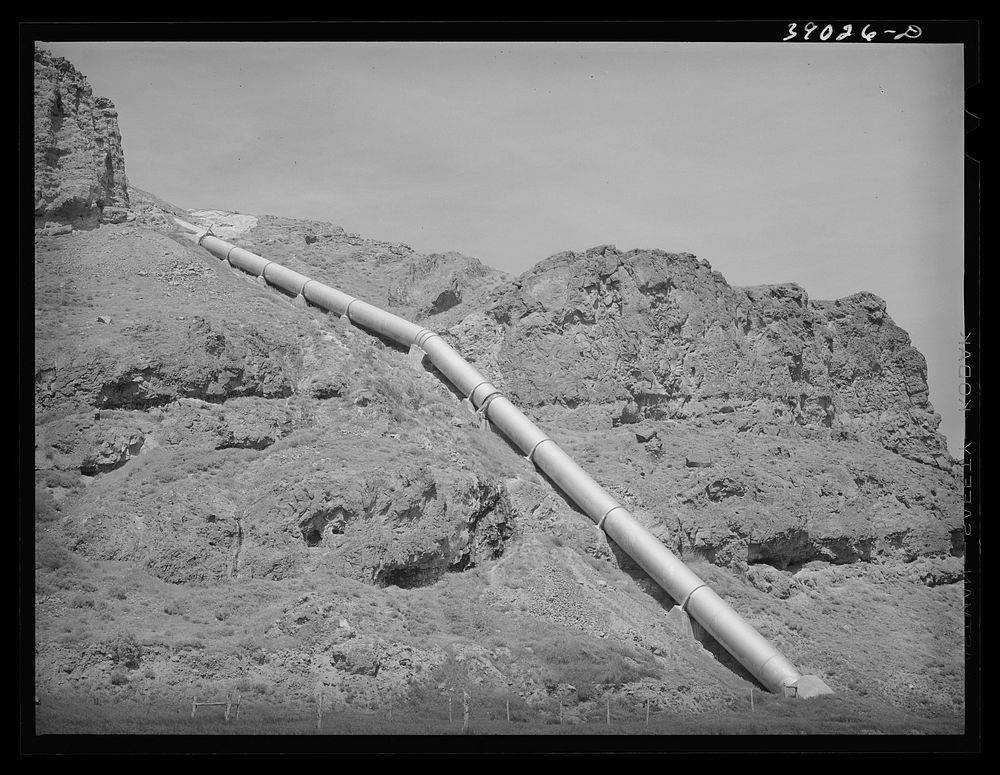 [Untitled photo, possibly related to: Conduit carrying irrigation water from Owyhee Reservoir to farm land on the Vale…