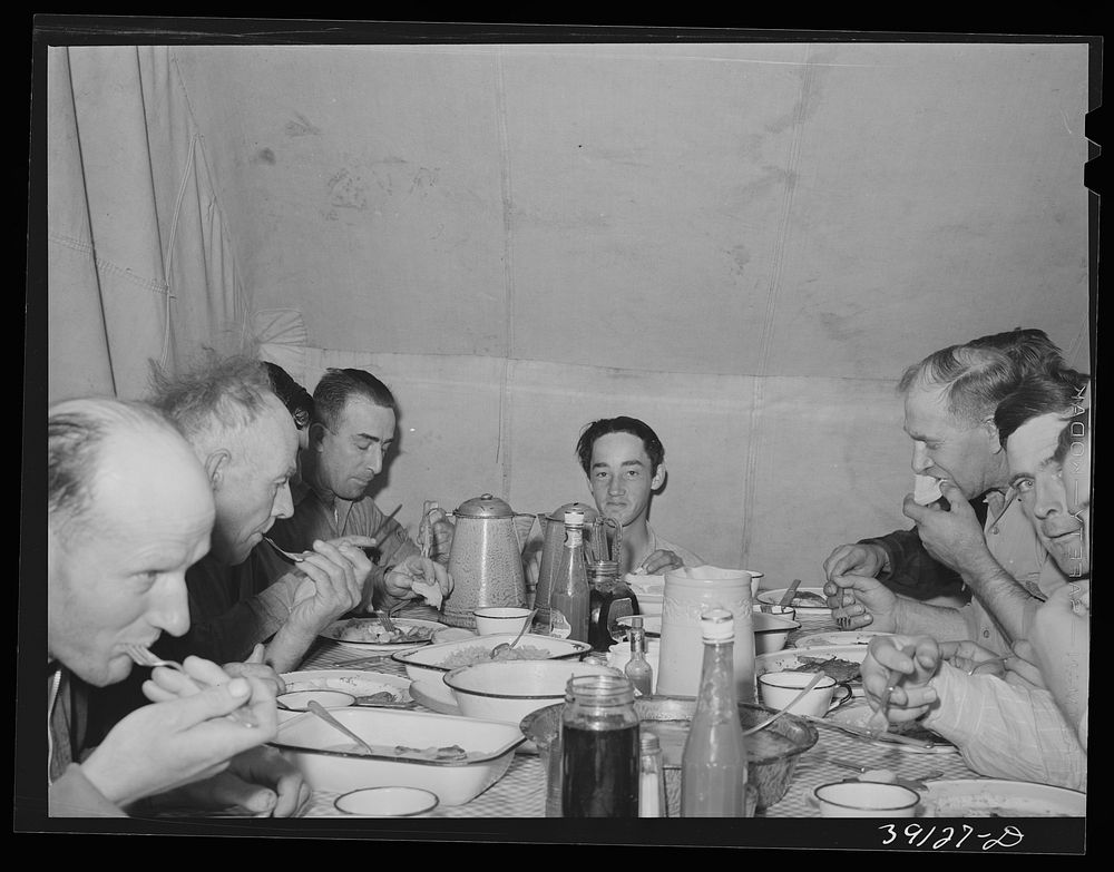 [Untitled photo, possibly related to: Sheep shearers eating dinner in central tent. Ranch in Malheur County, Oregon. The…