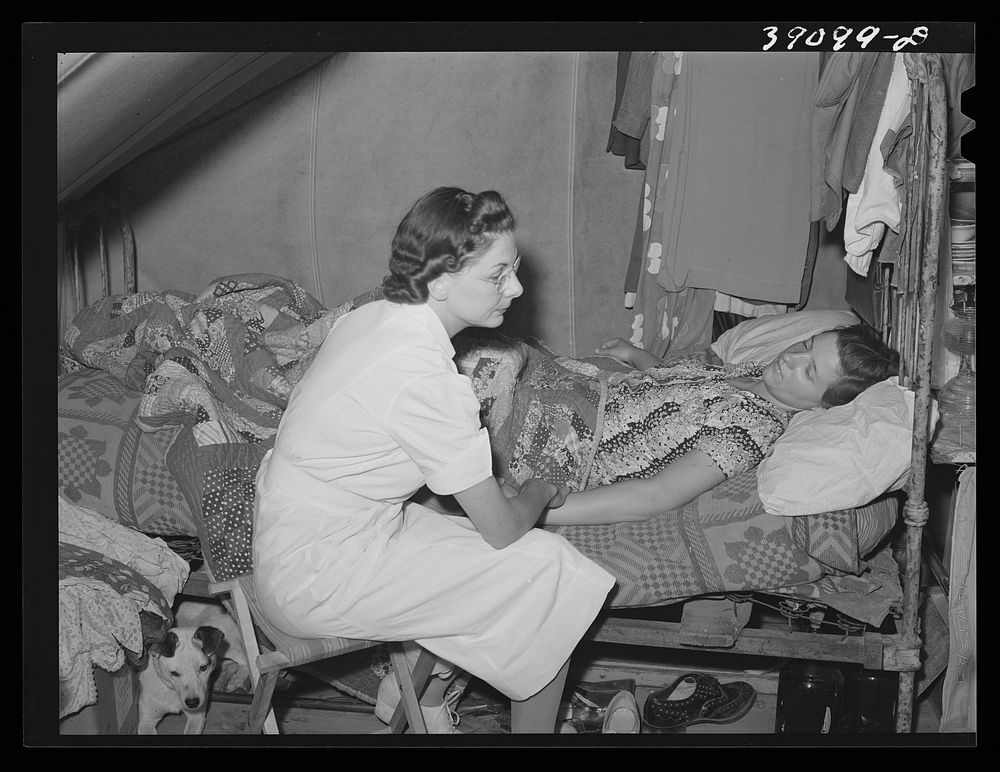 [Untitled photo, possibly related to: The nurse visits farm worker who is sick. FSA (Farm Security Administration) migratory…