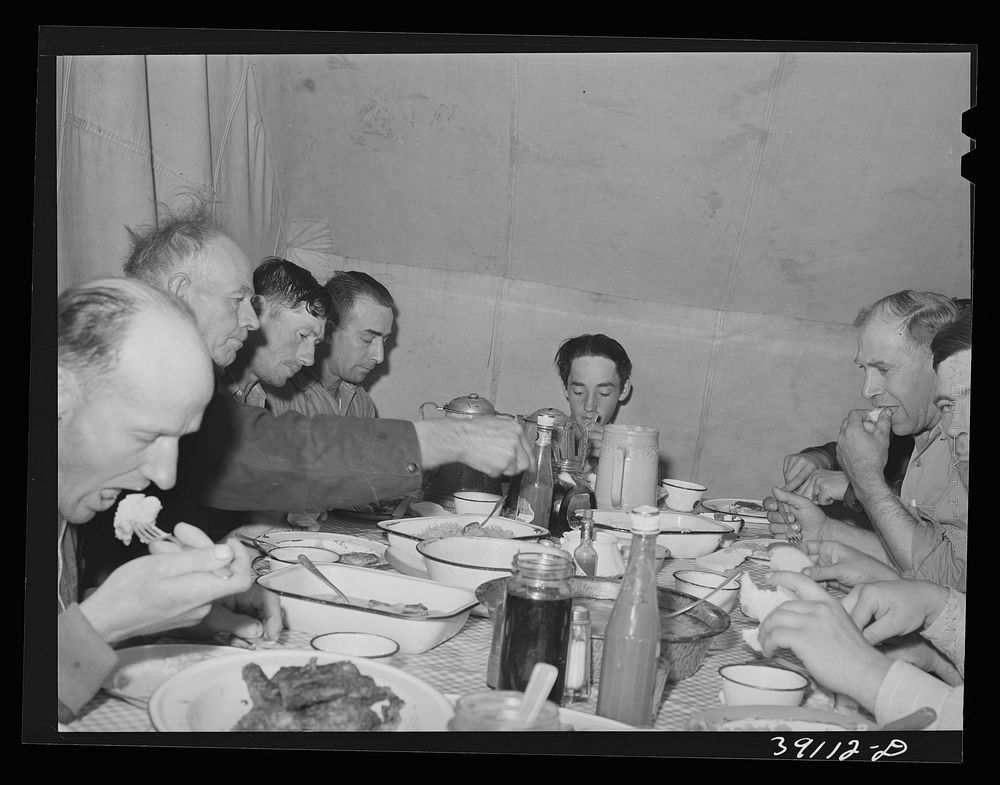 Sheep shearers eating dinner in central tent. Ranch in Malheur County, Oregon. The wife of the owner and boss of the outfit…