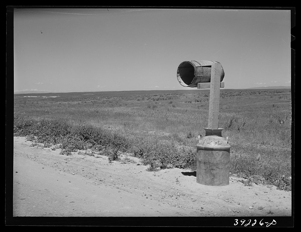 Mailbox. Canyon County, Idaho. While this country is dry and sagebrush covered, the farmers expect it to be in crops in…