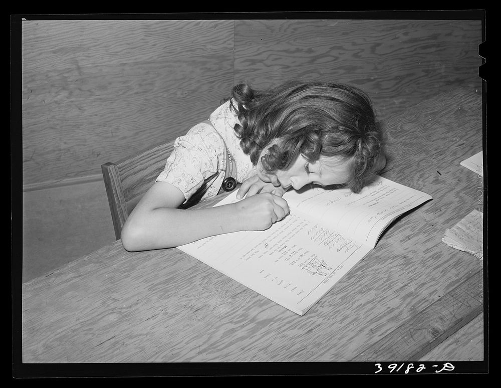 [Untitled photo, possibly related to: Schoolgirl at the FSA (Farm Security Administration) farm workers' camp. Caldwell…
