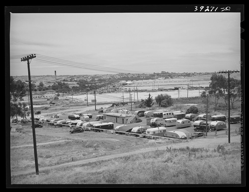 [Untitled photo, possibly related to: Overall view of trailer court. San Diego, California] by Russell Lee