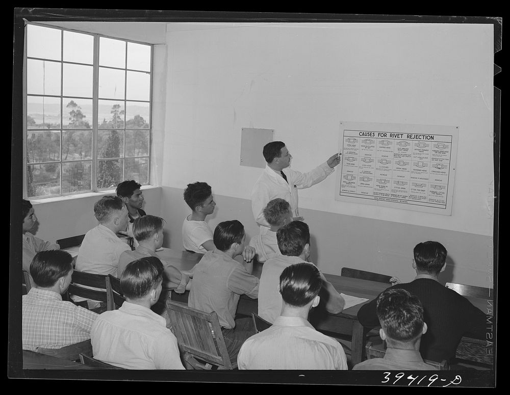 In the classroom at the vocational school for aircraft construction workers. San Diego, California by Russell Lee
