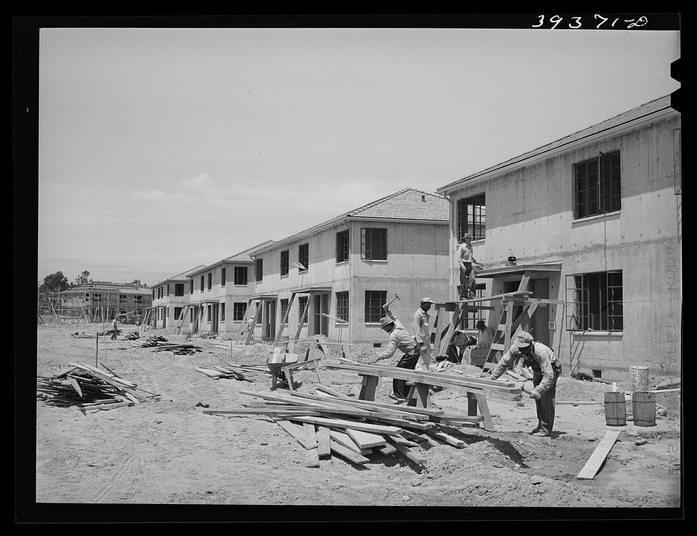 Houses under construction at the Navy defense housing project for enlisted men in the Marines and Navy. San Diego…