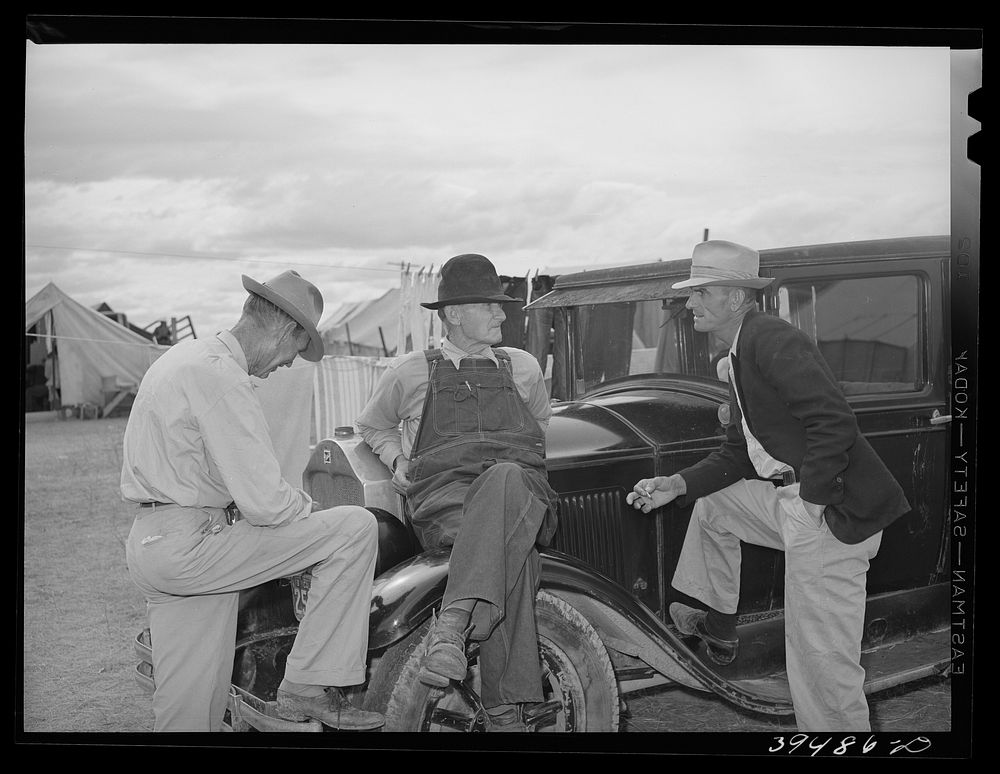 Pea pickers talking in camp. Canyon County, Idaho. These pickers travel with the labor contractors. The contractor is…