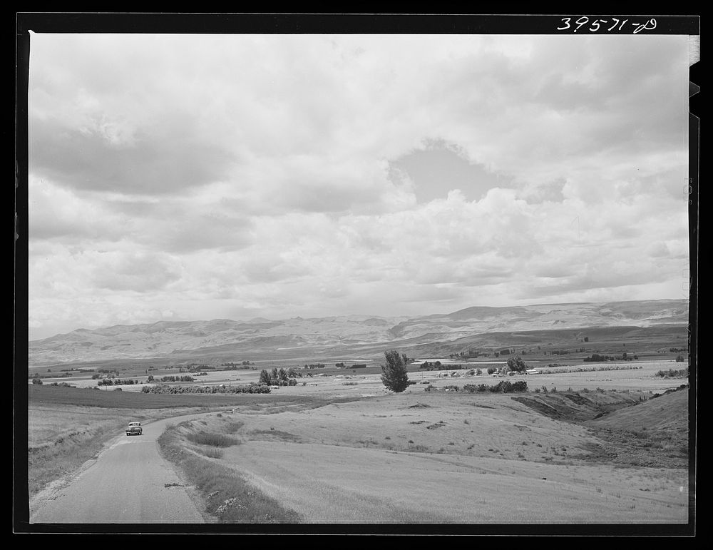 Irrigated farming land with mountains surrounding. Canyon County, Idaho. More than half of cultivated land in Idaho is under…