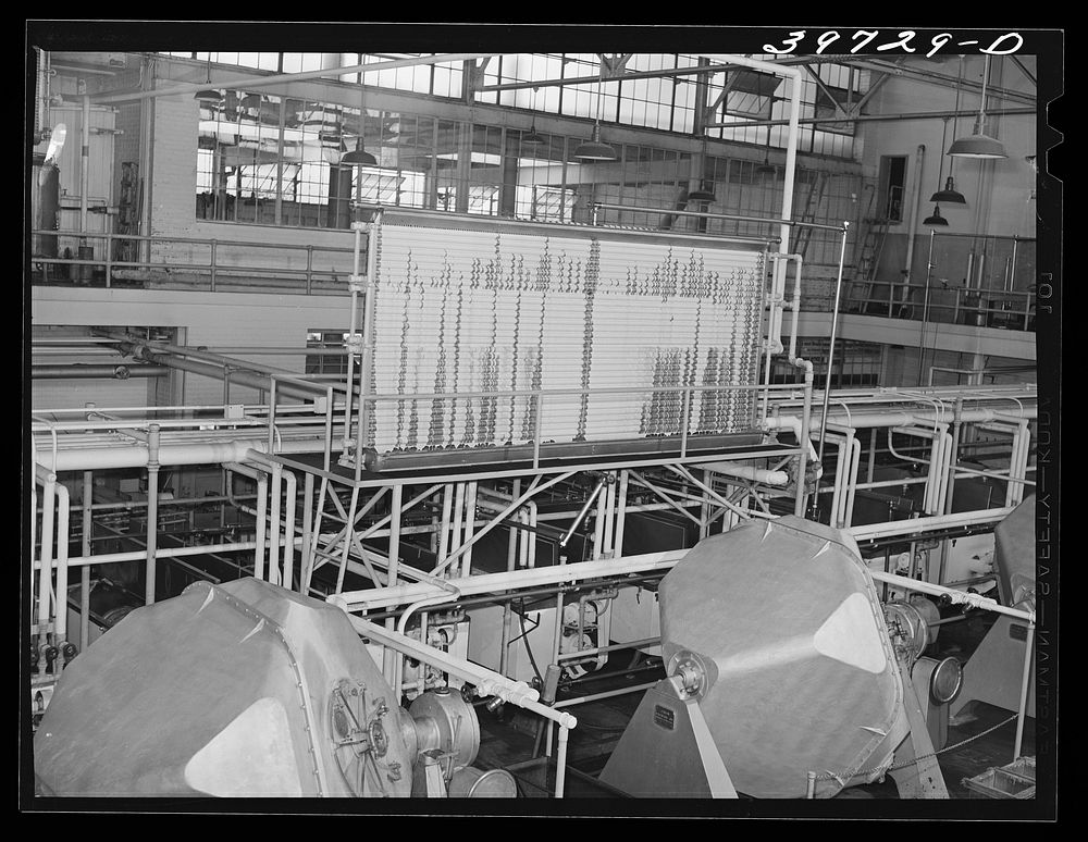 Scene in Dairymen's Cooperative Creamery. Caldwell, Canyon County, Idaho. Churns are in foreground, pasteurizing equipment…