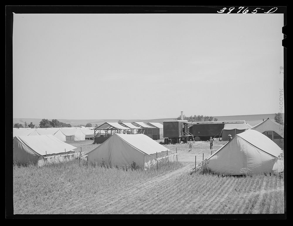 Tents, power unit and laundry shelters at the FSA (Farm Security Administration) migratory farm labor camp mobile unit.…