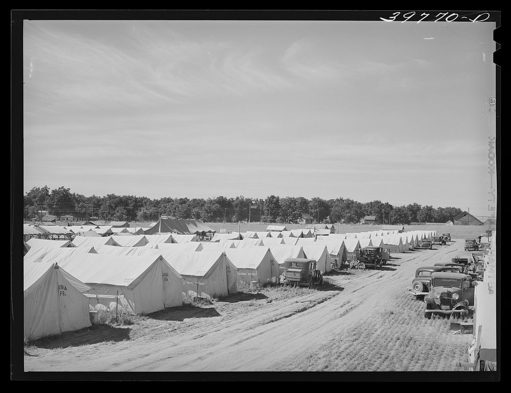 Rows of tents at the FSA (Farm Security Administration) migratory farm labor camp mobile unit. Athena, Oregon by Russell Lee