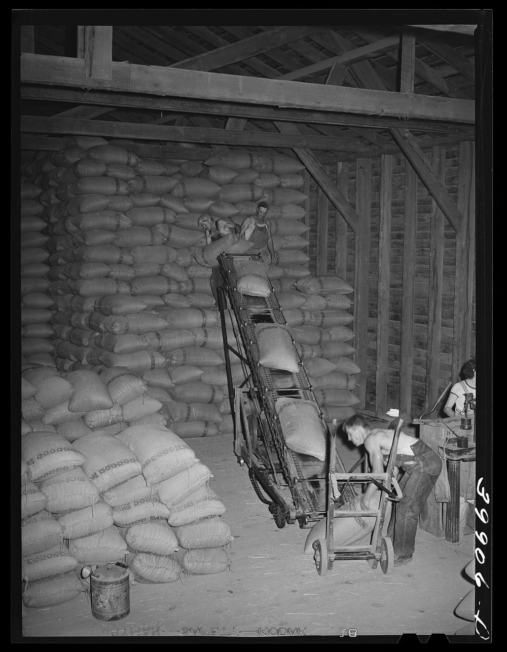 Sacked wheat in Washington warehouse. Touchet, Walla Walla County, Washington by Russell Lee