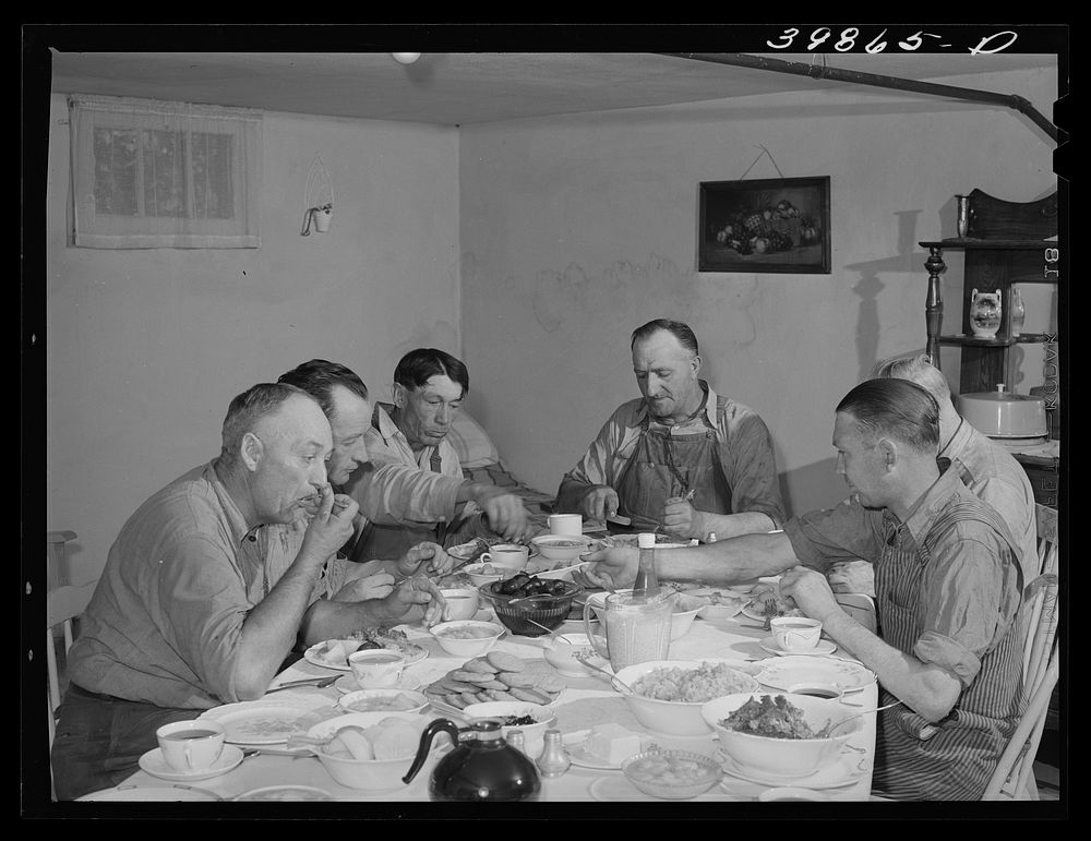 [Untitled photo, possibly related to: Harvest hands at dinner. Walla Walla County, Washington] by Russell Lee