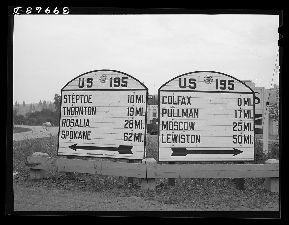 [Untitled photo, possibly related to: Highway sign at Colfax. Whitman County, Washington] by Russell Lee