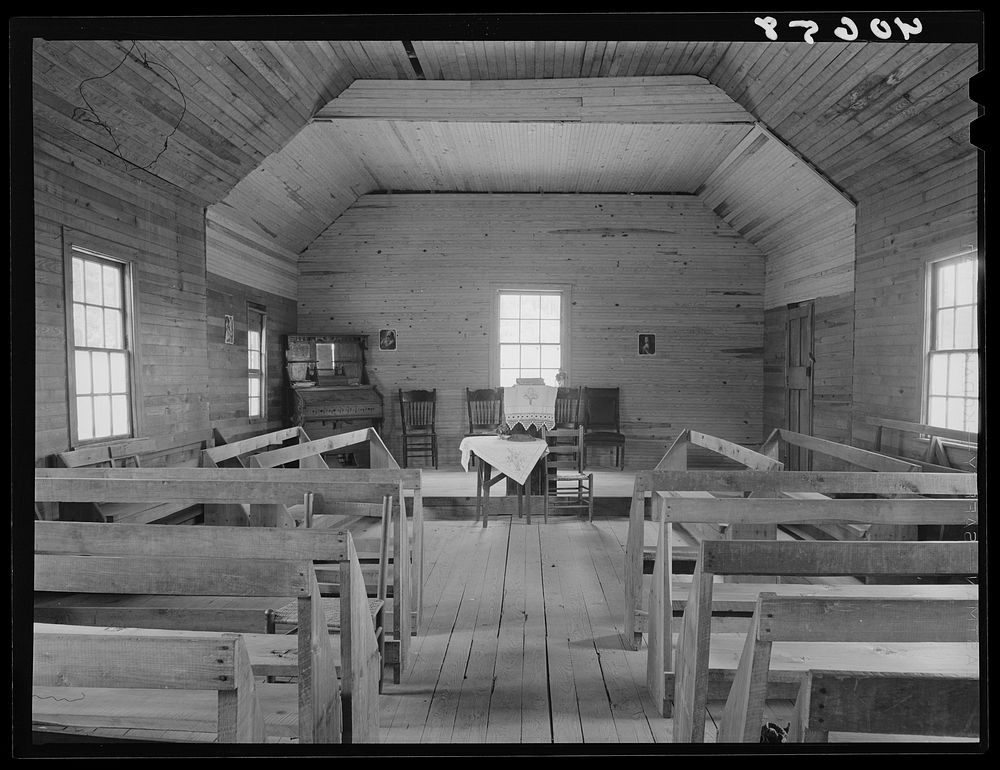 Interior of small church near Cedar Grove, North Carolina. Sourced from the Library of Congress.