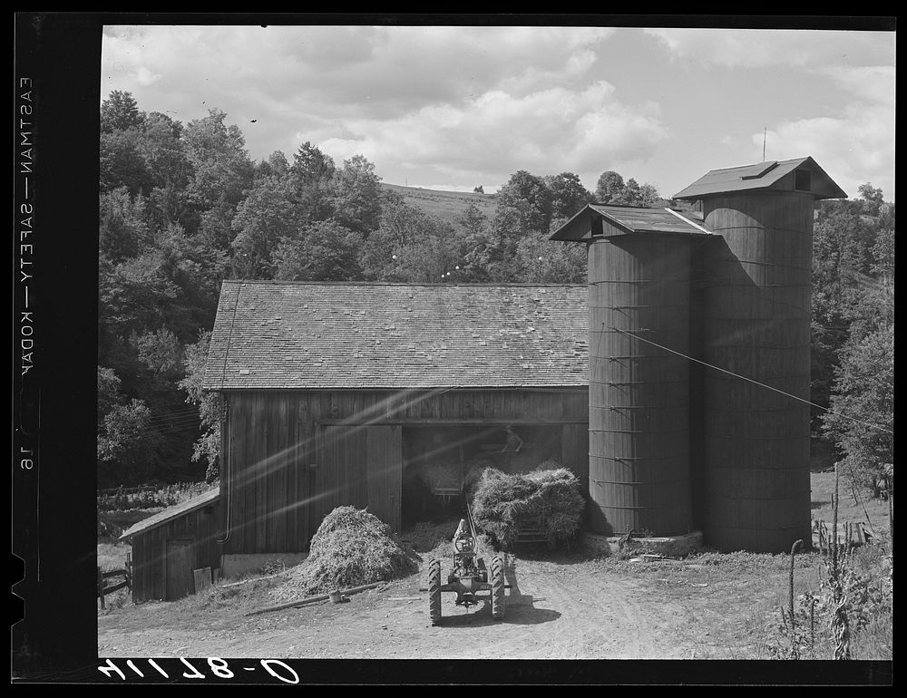 [Untitled photo, possibly related to: Silos and threshing operations along Route 15 near Liberty, Pennsylvania]. Sourced…