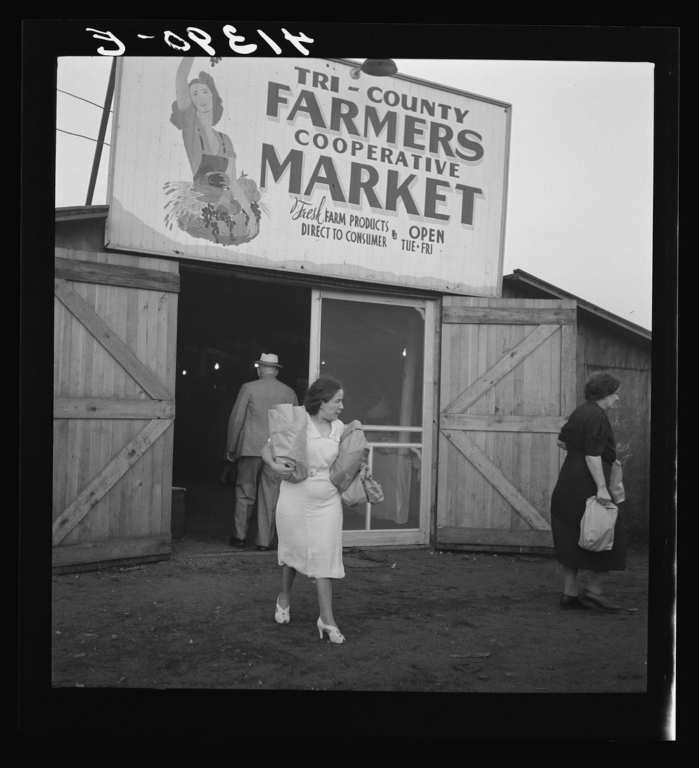 Customers at the entrance of the Tri-County Farmers Co-op Market in Du Bois, Pennsylvania. Sourced from the Library of…
