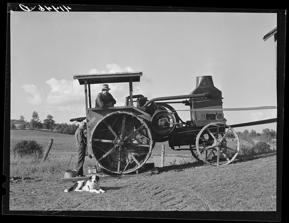 [Untitled photo, possibly related to: Hired man working tractor engine used for threshing on farm of Alfred Shaffner, a…