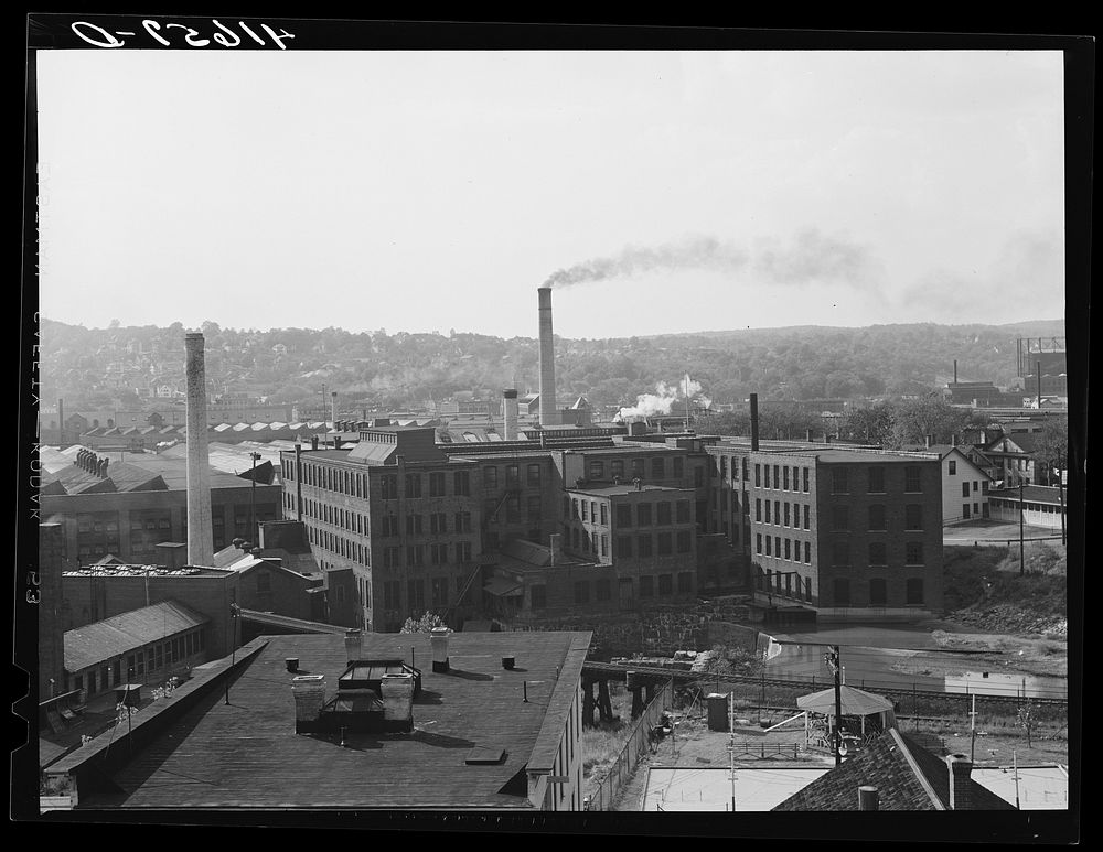 Factory and mills in the industrial city of Waterbury, Connecticut. Sourced from the Library of Congress.