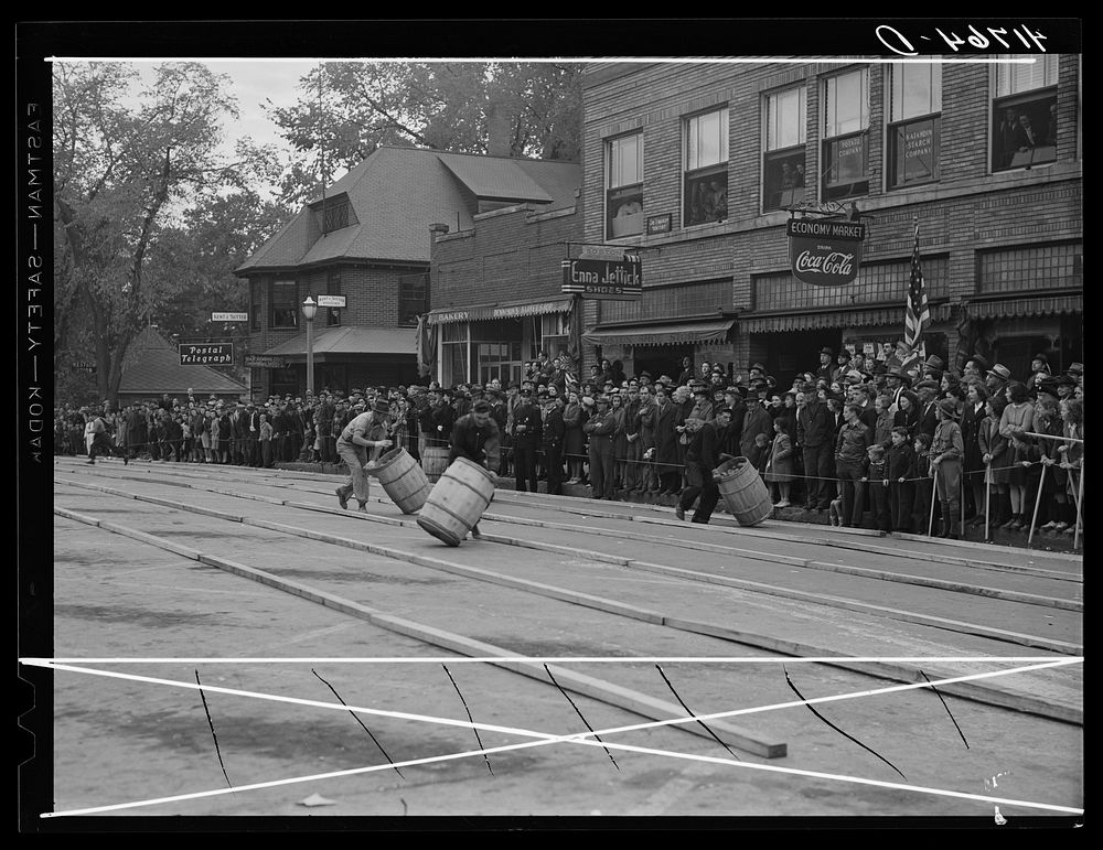 Main event of the potato barrel rolling contest in Presque Isle, Maine. Sourced from the Library of Congress.