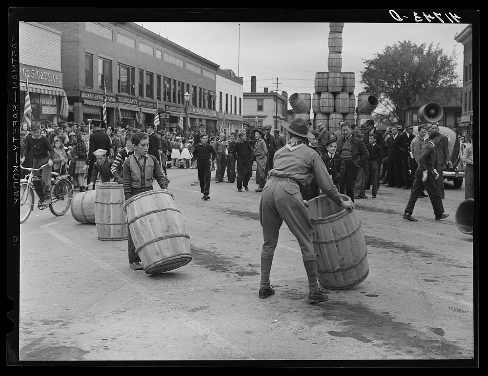 Getting ready for the boys' barrel rolling contest which preceded the men's competition. Presque Isle, Maine. Sourced from…