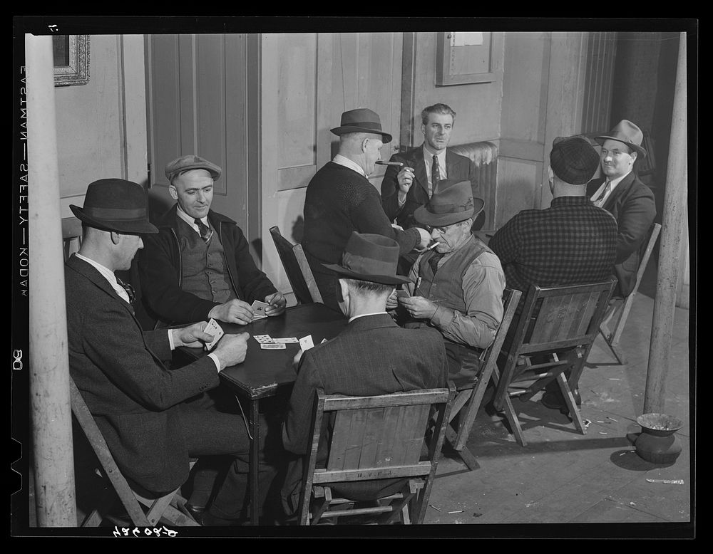 Shipyard workers playing cards at the "Senator Baxter," a hotel, recreation hall and general "get together." Bath, Maine.…