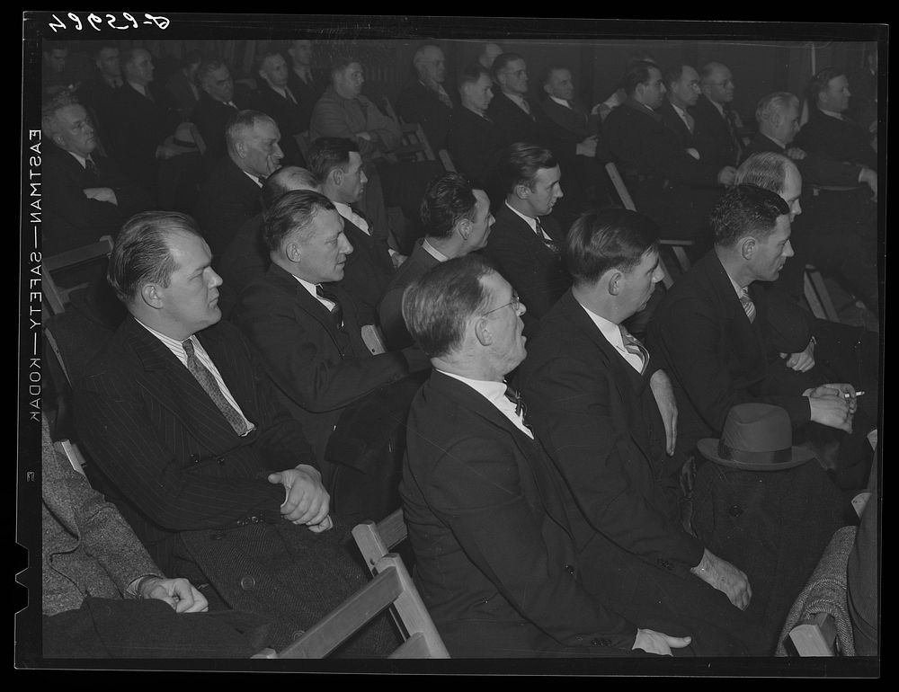 Union meeting of Fore River shipyard workers (IUMSWA-Industrial Union of Marine and Shipbuilding Workers of America). One of…