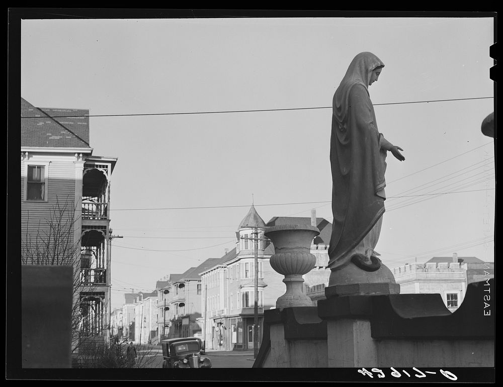 Madonna in front of church on a street in New Bedford, Massachusetts. Sourced from the Library of Congress.
