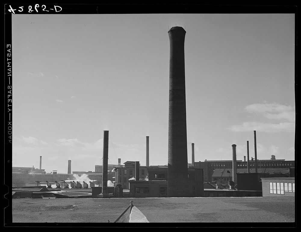 Smoke stacks in Lawrence, Massachusetts. Sourced from the Library of Congress.