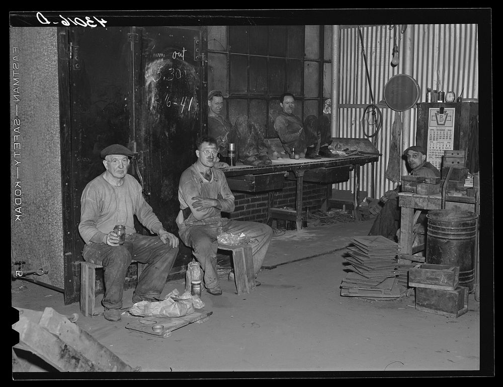 [Untitled photo, possibly related to: Metal workers having lunch at the Correct Manufacturing Company in Fallston…