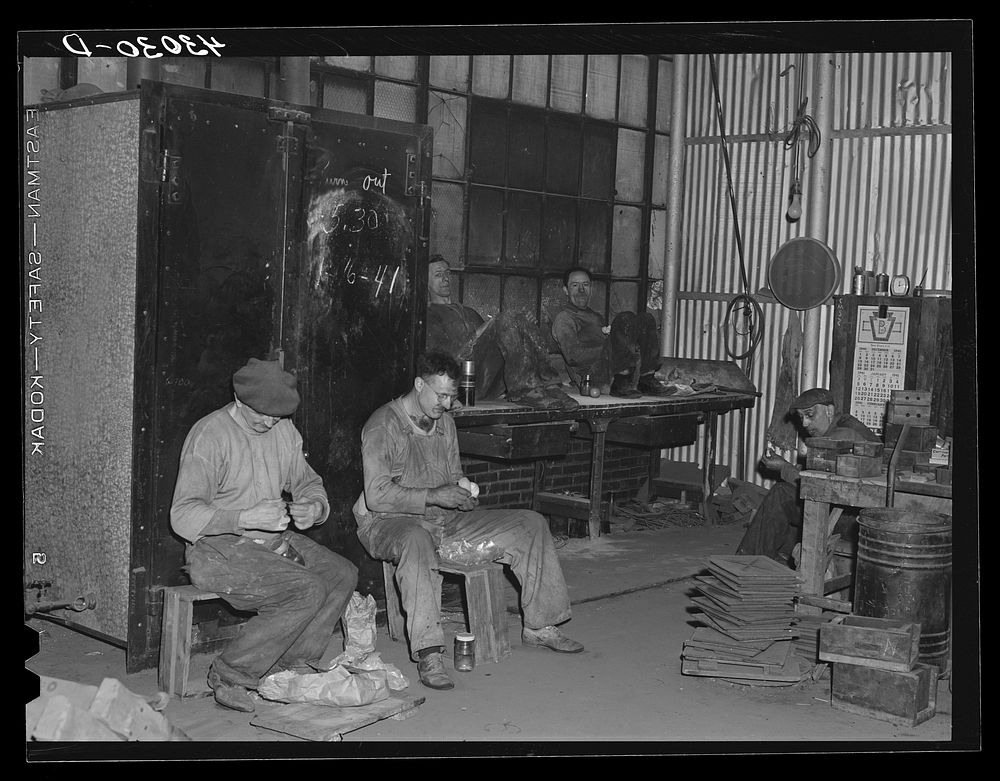 Metal workers having lunch at the Correct Manufacturing Company in Fallston, Pennsylvania. Sourced from the Library of…