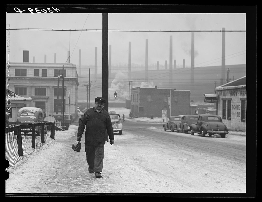 Going home from work at the steel mill in Midland, Pennsylvania. Sourced from the Library of Congress.