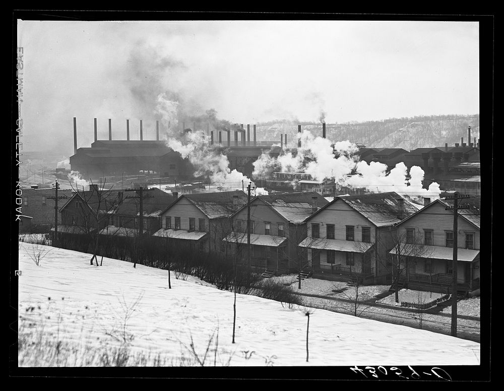[Untitled photo, possibly related to: Workers' houses and the Pittsburgh Crucible Steel Corporation in Midland…