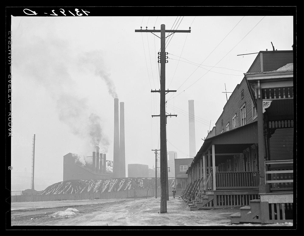 [Untitled photo, possibly related to: Scene in west Aliquippa, Pennsylvania. Stacks of the Jones and Laughlin Steel…