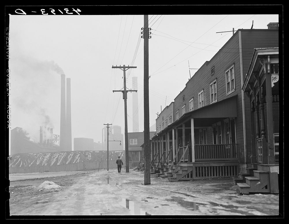 [Untitled photo, possibly related to: Scene in west Aliquippa, Pennsylvania. Stacks of the Jones and Laughlin Steel…