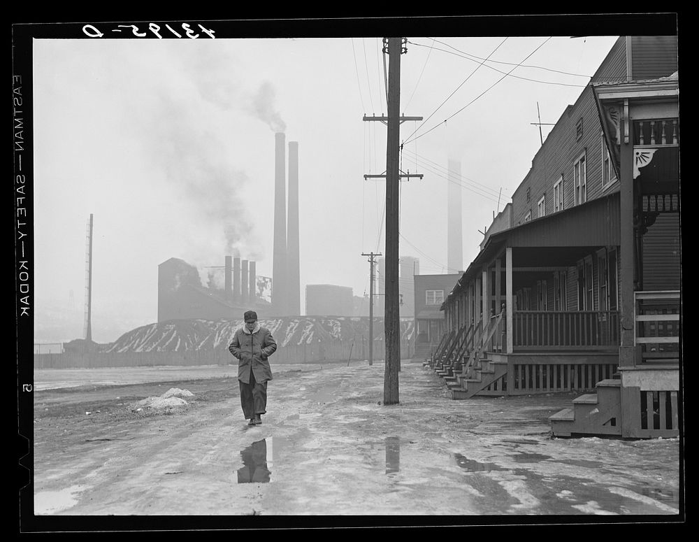Scene in west Aliquippa, Pennsylvania. Stacks of the Jones and Laughlin Steel Corporation in background. Sourced from the…