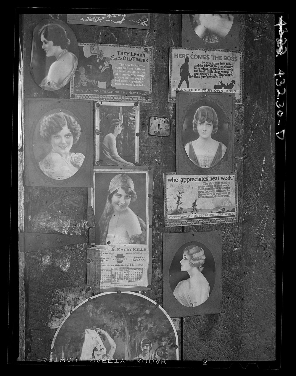 Pictures on a post in the abandoned Olive Stove Works Rochester, Pennsylvania. Sourced from the Library of Congress.