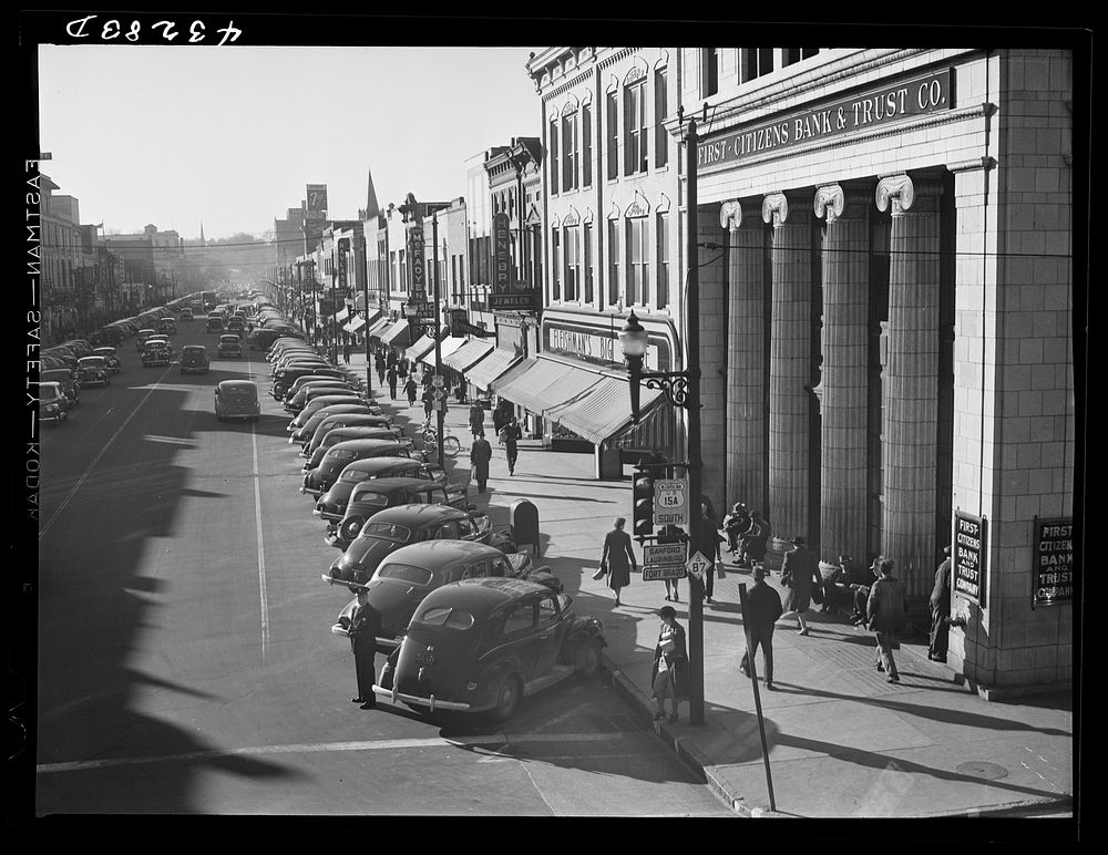 Traffic on the main street of Fayetteville, North Carolina at about five o'clock, when the workers start coming out at Fort…