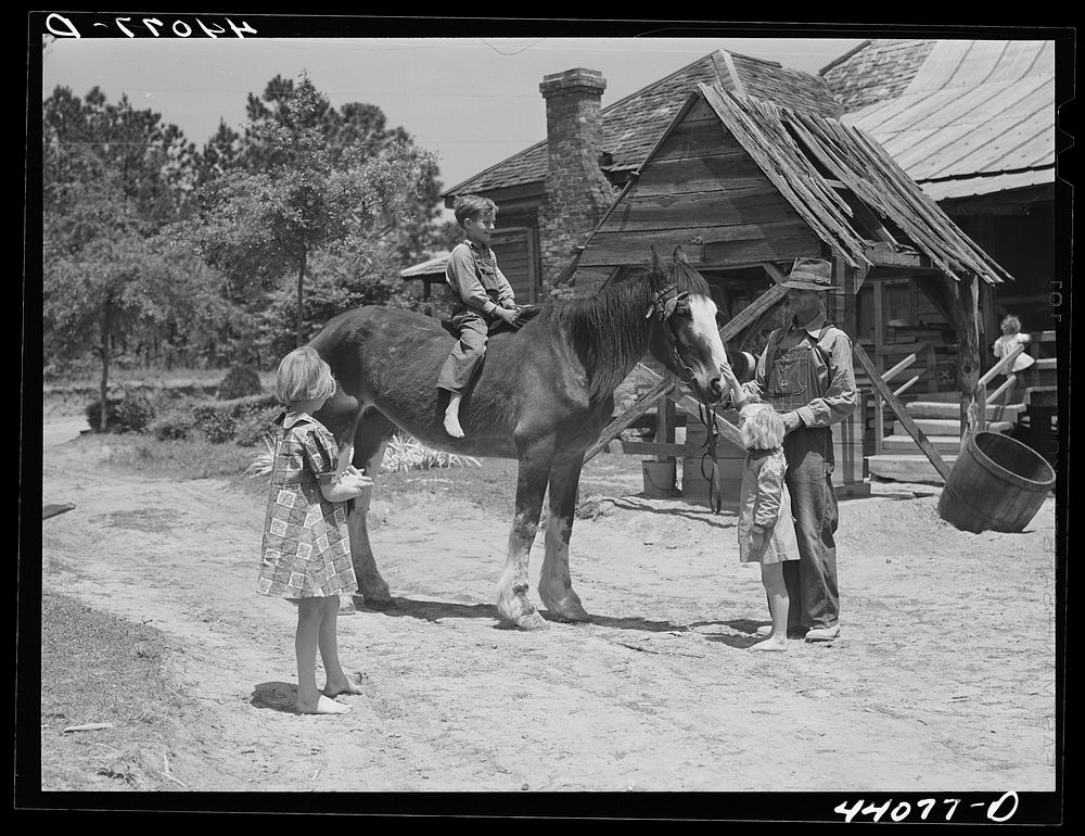 Colie Smith gets a ride on one of two horses owned by the Smith family. Carroll County, Georgia. Sourced from the Library of…