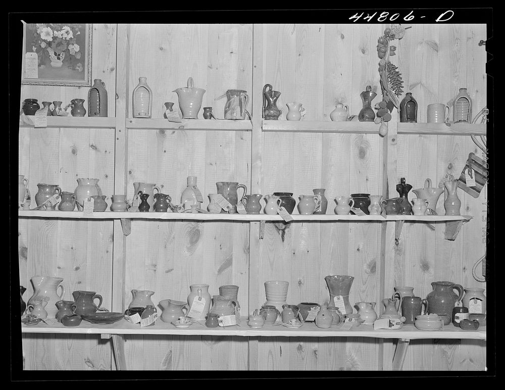 A display of pottery at the Virginia crafts co-op on U.S. Highway No. 1 about twenty miles north of Fredericksburg…