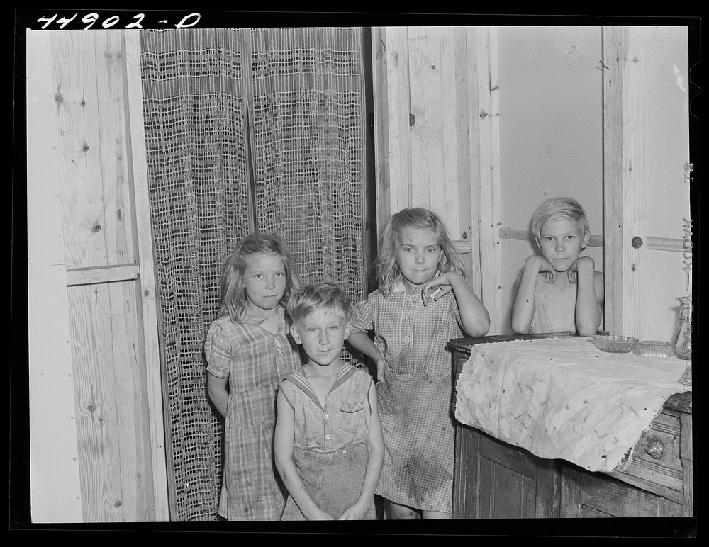 Children of a family that moved into a prefabricated house built by FSA (Farm Security Administration) to house some of the…