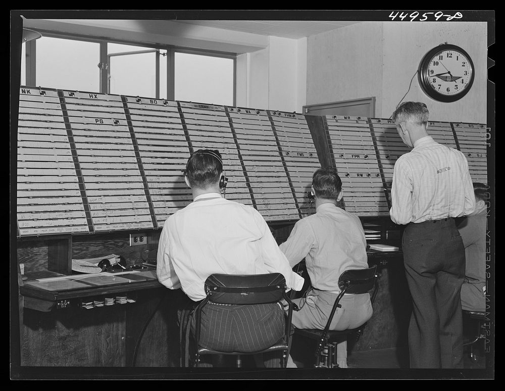 [Untitled photo, possibly related to: In the airport control room with which incoming and outgoing airliners are in constant…